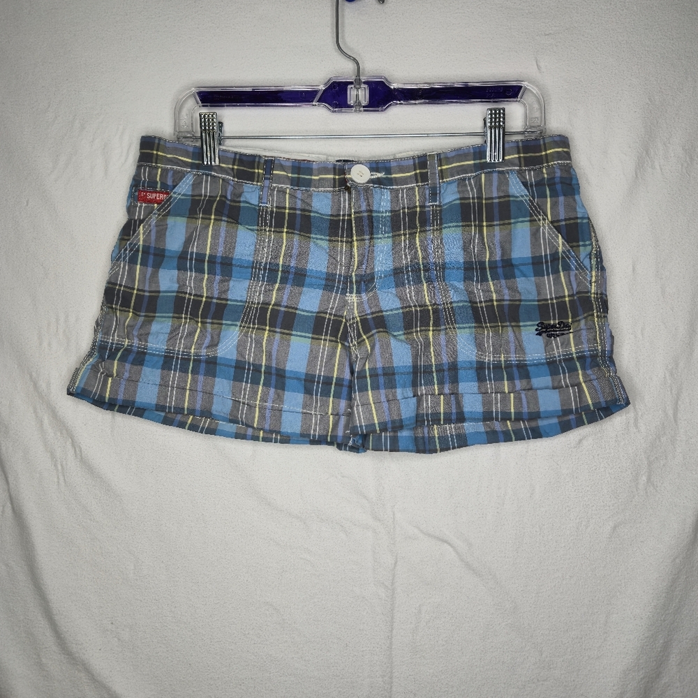 Superdry Ladies Blue Plaid Shorts With Back Belt Adjustment Size Medium